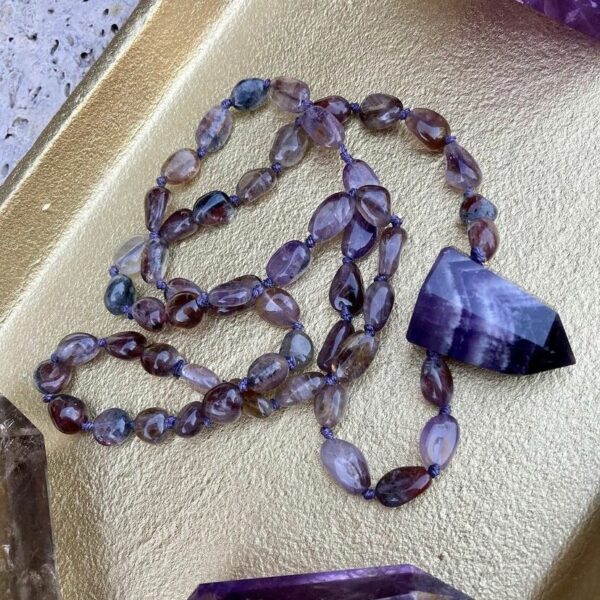 PN2268-Rutilated Amethyst Beads and Chevron Amethyst Pendant Necklace