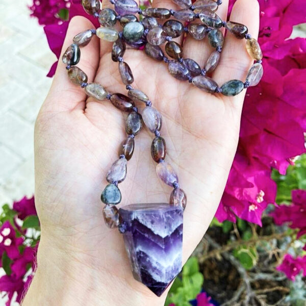PN2268-Rutilated Amethyst Beads and Chevron Amethyst Pendant Necklace - Image 7