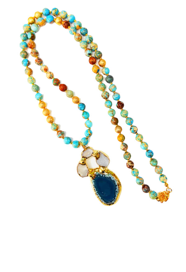 PN2269-Natural Sliced Agate Pendant Necklace with Sea Sediment Beads - Image 5