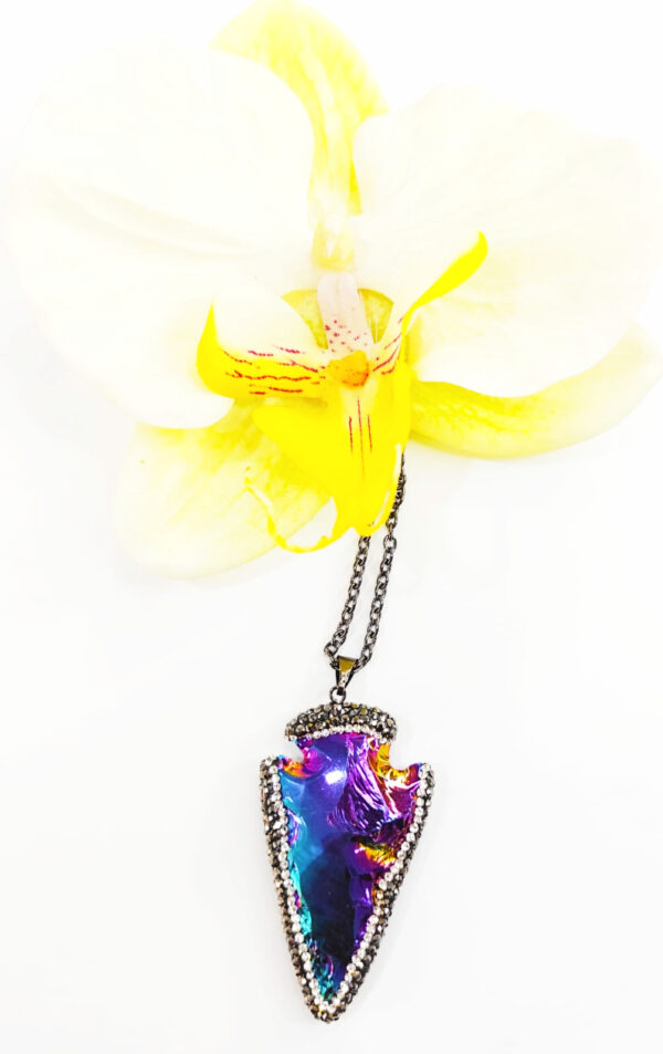PN2275-Fantastic Rainbow Color Plated Arrowhead Pendant with Long Black Chain Necklace - Image 4