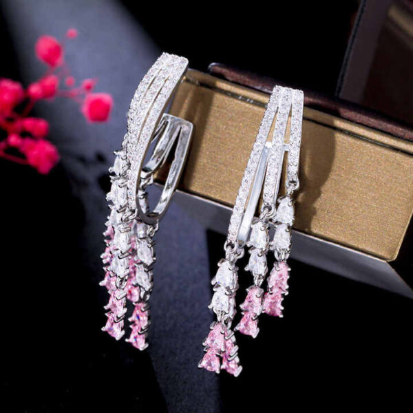 Unique Design Silver Plated Pink Cubic Zircon Crystal Long Tassel Dangle Drop Earrings
