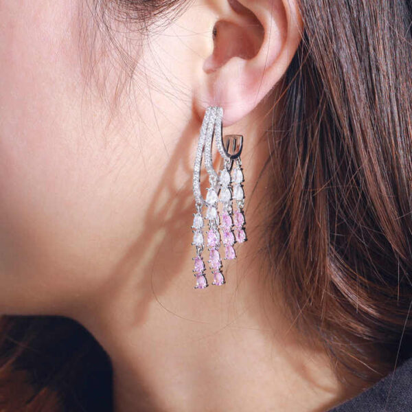 Unique Design Silver Plated Pink Cubic Zircon Crystal Long Tassel Dangle Drop Earrings - Image 2