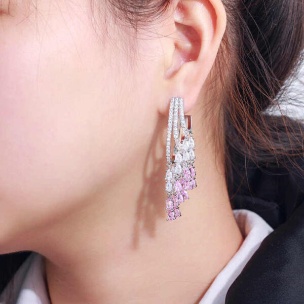 Unique Design Silver Plated Pink Cubic Zircon Crystal Long Tassel Dangle Drop Earrings - Image 3