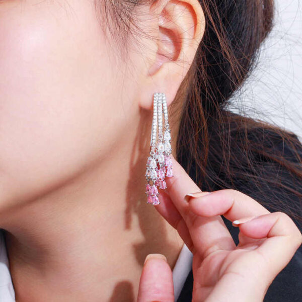 Unique Design Silver Plated Pink Cubic Zircon Crystal Long Tassel Dangle Drop Earrings - Image 4