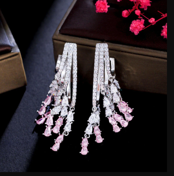 Unique Design Silver Plated Pink Cubic Zircon Crystal Long Tassel Dangle Drop Earrings - Image 6
