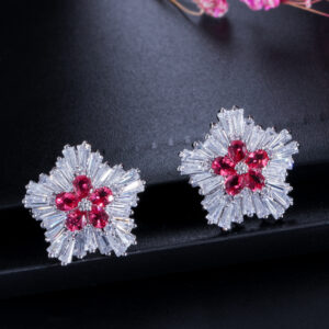 Red CZ Snowflake Crystal Flower Stud Earring
