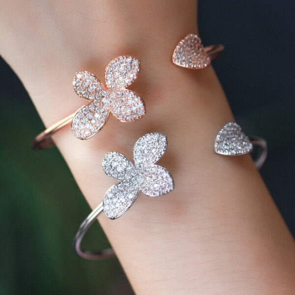 Trendy Adjustable Size Silver Open Cuff CZ Flower Bangle - Image 4