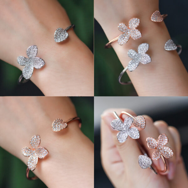Trendy Adjustable Size Silver Open Cuff CZ Flower Bangle - Image 5