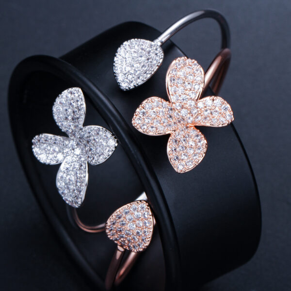 Trendy Adjustable Size Silver Open Cuff CZ Flower Bangle - Image 2