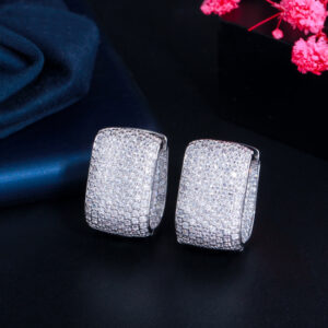 Silver Full CZ Zircon Pave Setting U Shape Circle Hoop Earrings
