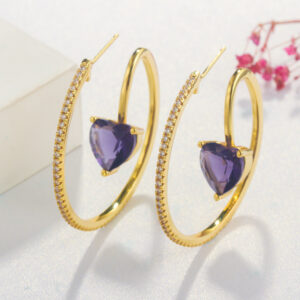 Romantic Purple Love Heart CZ Stone Novelty Snake Shape Half Circle Gold Plated Hoop Earring