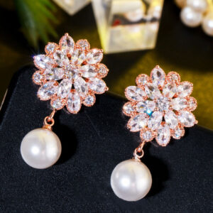 Shiny Rose Gold Cubic Zirconia Crystal Flower with Drop Chic Pearl Dangle Earring