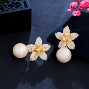 Noble Gold Plated Dangle Drop Pearl Cubic Zirconia Geometric Flower Earrings