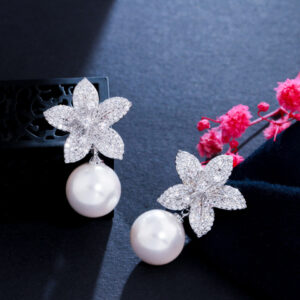 Noble Silver Dangle Drop Pearl Cubic Zirconia Geometric Flower Earrings