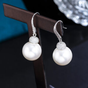 Shiny White Cubic Zirconia CZ Silver Big Dangly Drop Pearl Hook Earring