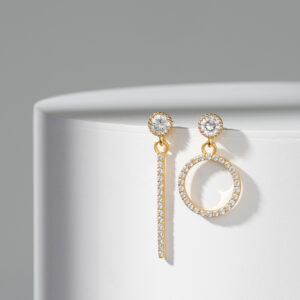 New Shiny Full Rhinestone Big Circle Pendant Dangle Asymmetrical Statement 925 Sterling Silver Gold Plated Earrings