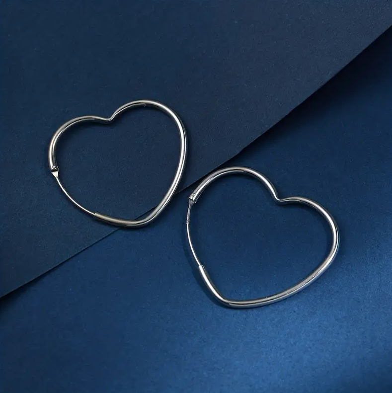 Heart-Shaped Brilliant Shining Simple Platinum Plating 925 Sterling Silver 33mm Hoop Earrings - Image 4