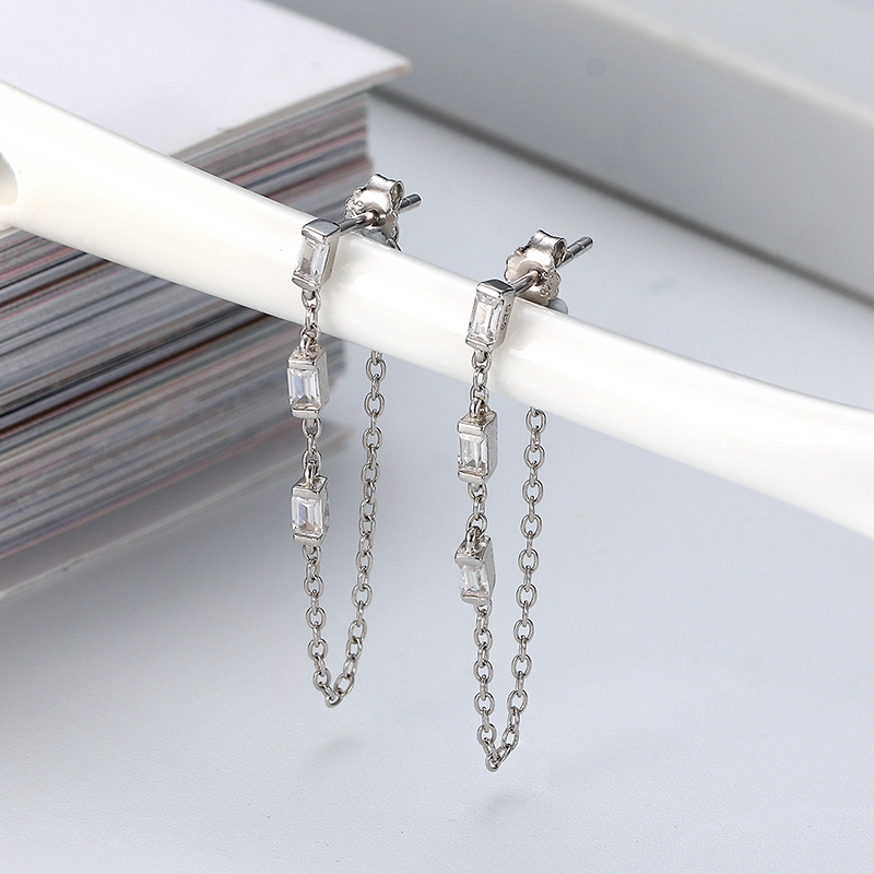 Korean 925 Sterling Silver Zirconia Line Dangle Earrings