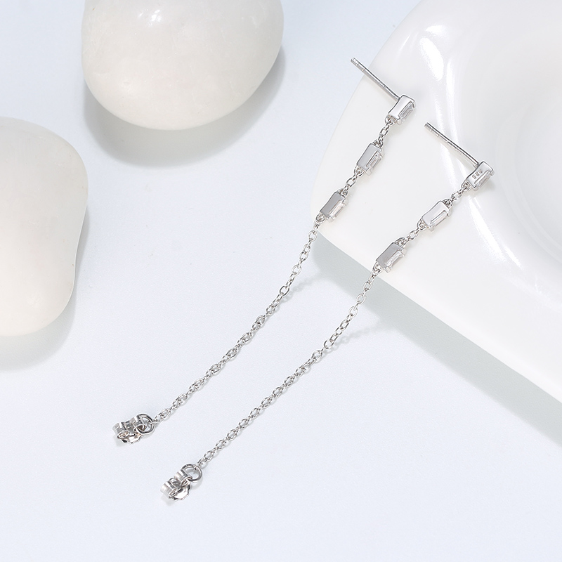 Korean 925 Sterling Silver Zirconia Line Dangle Earrings - Image 3