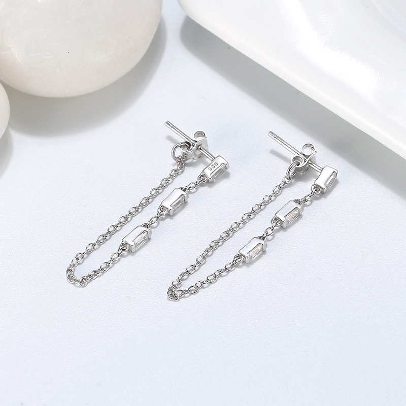 Korean 925 Sterling Silver Zirconia Line Dangle Earrings - Image 2
