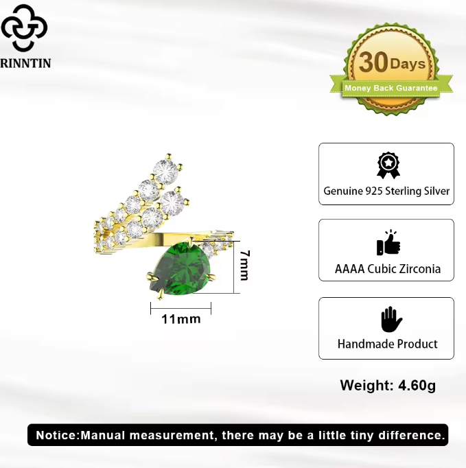 Sparkling Cubic Zirconia Emerald Sterling Silver Adjustable Ring - Image 6