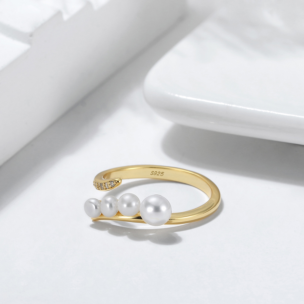 Fashion Trendy 925 Silver 14K Gold Plated CZ and Baroque Freshwater Pearl Adjustable Rings