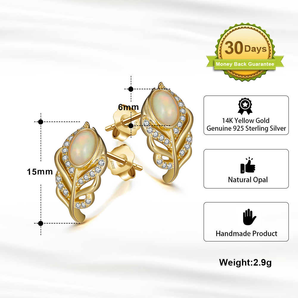 Rock Feather 925 Sterling Silver Gold Plated Genuine Natural Stone Opal Necklace and Earring Jewelry Set - Image 8