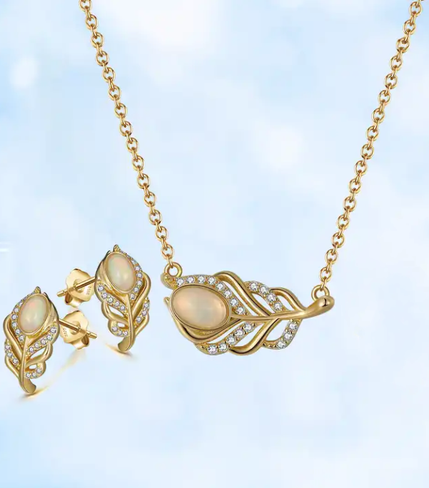 Rock Feather 925 Sterling Silver Gold Plated Genuine Natural Stone Opal Necklace and Earring Jewelry Set - Image 2