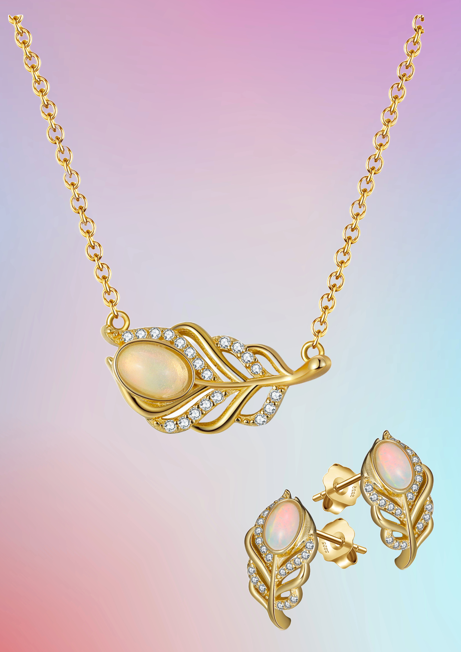 Rock Feather 925 Sterling Silver Gold Plated Genuine Natural Stone Opal Necklace and Earring Jewelry Set - Image 3