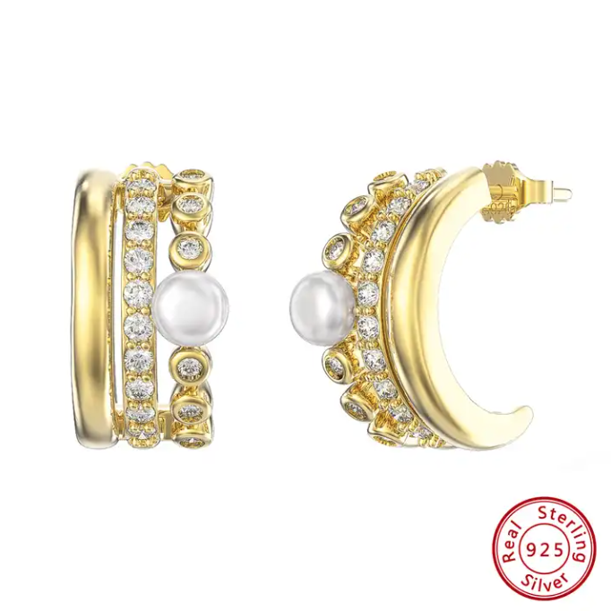 Hiphop 14k Gold Plated 925 Sterling Silver Zircon with Freshwater Pearl Stud Earring - Image 5