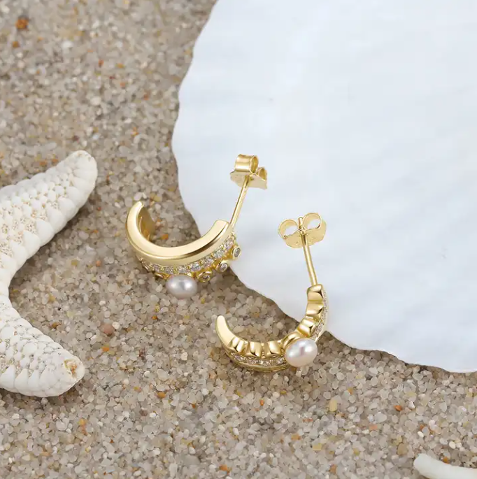 Hiphop 14k Gold Plated 925 Sterling Silver Zircon with Freshwater Pearl Stud Earring - Image 2