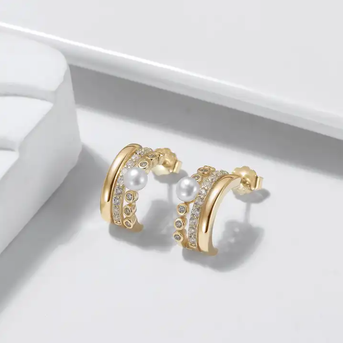 Hiphop 14k Gold Plated 925 Sterling Silver Zircon with Freshwater Pearl Stud Earring