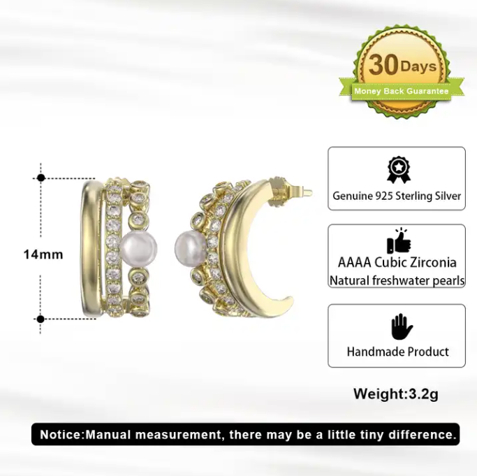 Hiphop 14k Gold Plated 925 Sterling Silver Zircon with Freshwater Pearl Stud Earring - Image 4