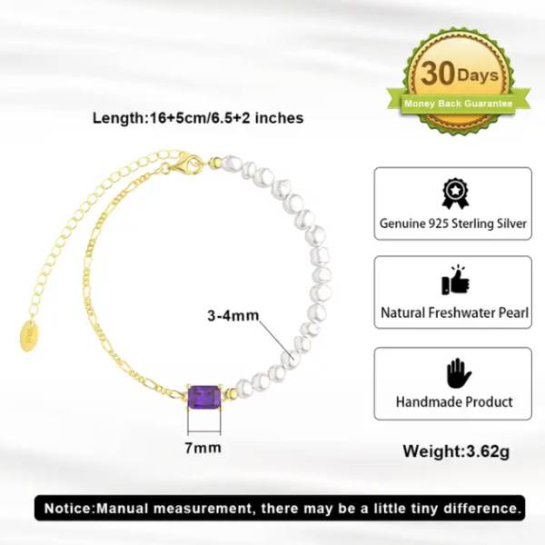 925 Sterling Silver 14K Gold Plated Freshwater Pearl Link Chain Purple CZ Diamond Bracelet - Image 3