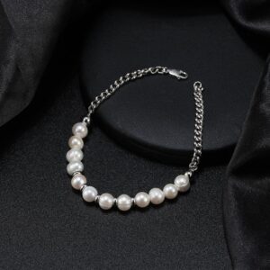 Half Pearl Beaded Half Chain 925 Sterling Silver Cuban Chain Unisex Bracelet