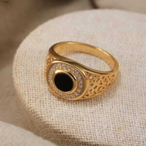 Black Agate Onyx With CZ Flat 925 Sterling Silver Ring Gold Plated For Men