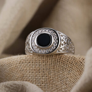 Black Agate Onyx With CZ Flat 925 Sterling Silver Ring For Men