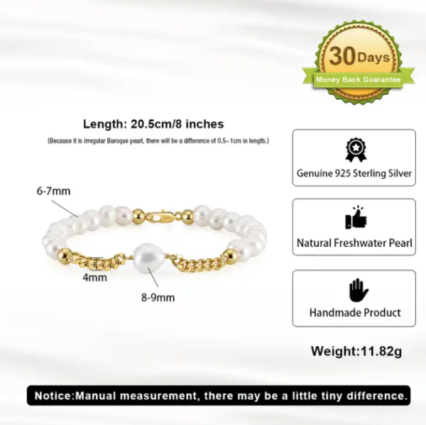Cuban Chain 925 Silver Gold Plated with Freshwater Pearl Simple Minimalist Designer Bracelet - Image 5