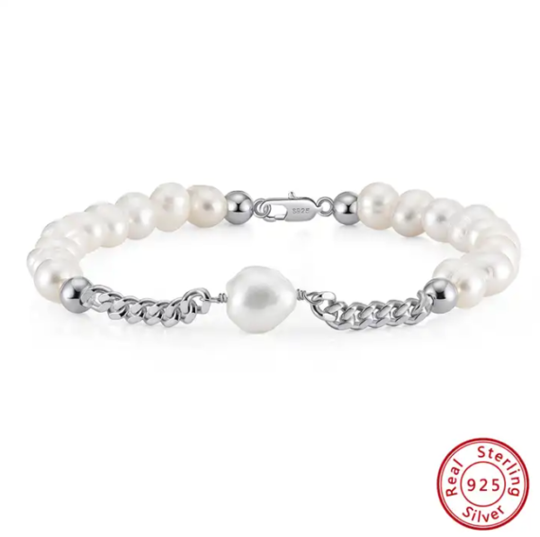 Cuban Chain 925 Silver with Freshwater Pearl Simple Minimalist Designer Bracelet - Image 5