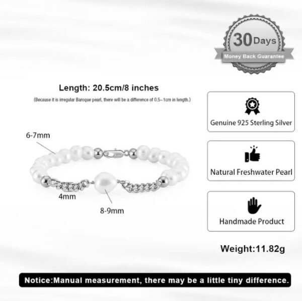 Cuban Chain 925 Silver with Freshwater Pearl Simple Minimalist Designer Bracelet - Image 6