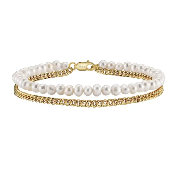 Cultured Freshwater Pearl Chain A Cuban Chain 18k Gold Plated Sterling Silver Bracelet - Image 5