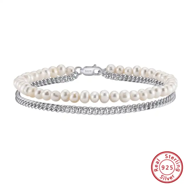Cultured Freshwater Pearl Chain A Cuban Chain Sterling Silver Bracelet - Image 6