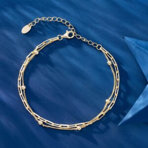 Double Chain Paper Clip Chain Real 925 Sterling Silver Adjustable Bracelet