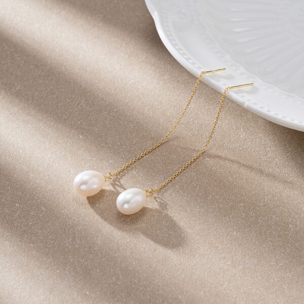 14K Gold Plated 925 Sterling Silver with Natural Baroque Pearl Thread Drop Earrings - Image 2