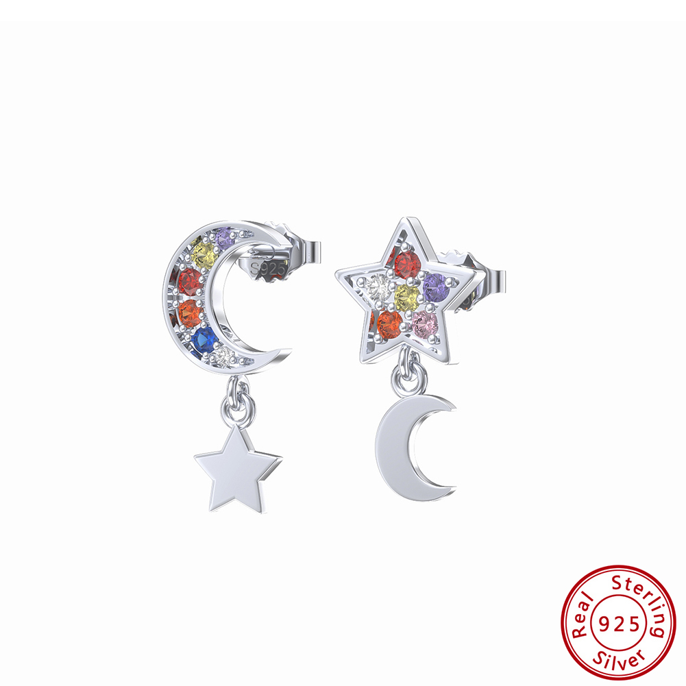 Pameer Store Rainbow Cubic Zirconia 925 Sterling Silver Moon and Star Modern Earrings - Image 7