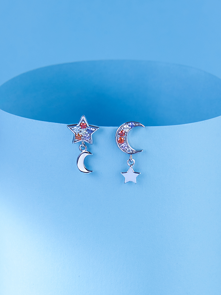 Pameer Store Rainbow Cubic Zirconia 925 Sterling Silver Moon and Star Modern Earrings - Image 2