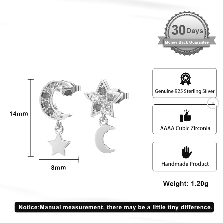 Pameer Store Rainbow Cubic Zirconia 925 Sterling Silver Moon and Star Modern Earrings - Image 4