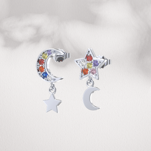 Pameer Store Rainbow Cubic Zirconia 925 Sterling Silver Moon and Star Modern Earrings - Image 3