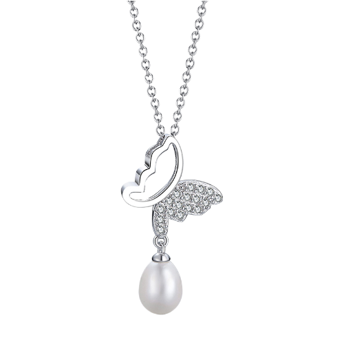 Pameer Store 925 Sterling Silver Pearl Bead Butterfly Pendants Necklace - Image 2