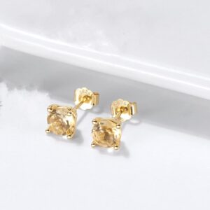 Pameer Store 6mm Natural Citrine Sterling Silver 14K Gold Plated Stud Earrings